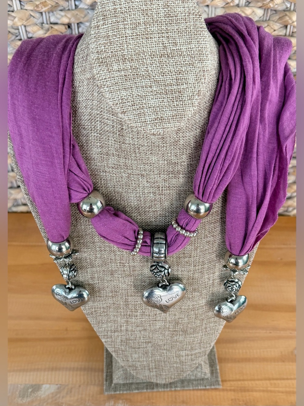 Purple Scarf w/Silver Colored Metal Heart Pendants & Rings